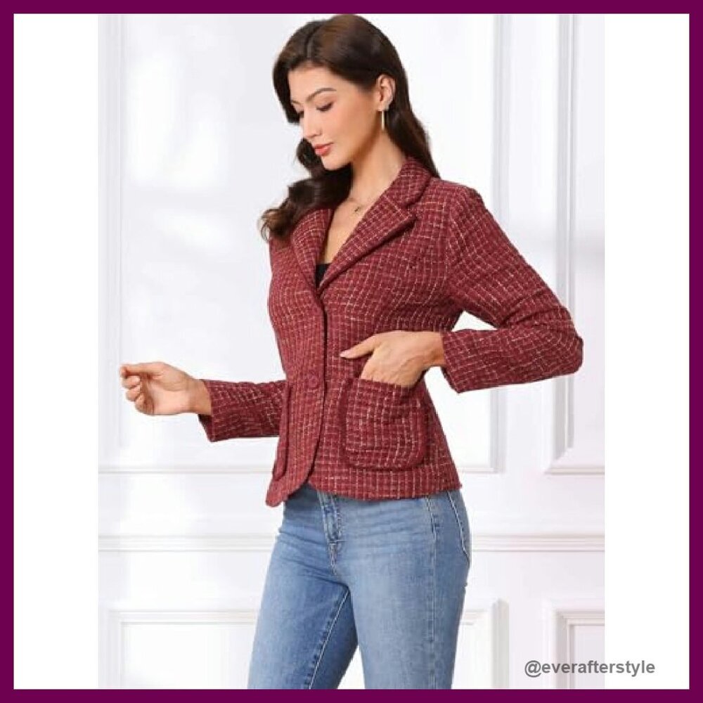 Tweed Blazer Elegant Business Casual Jacket Notch Lapel Long Sleeve - Picture 5 of 6